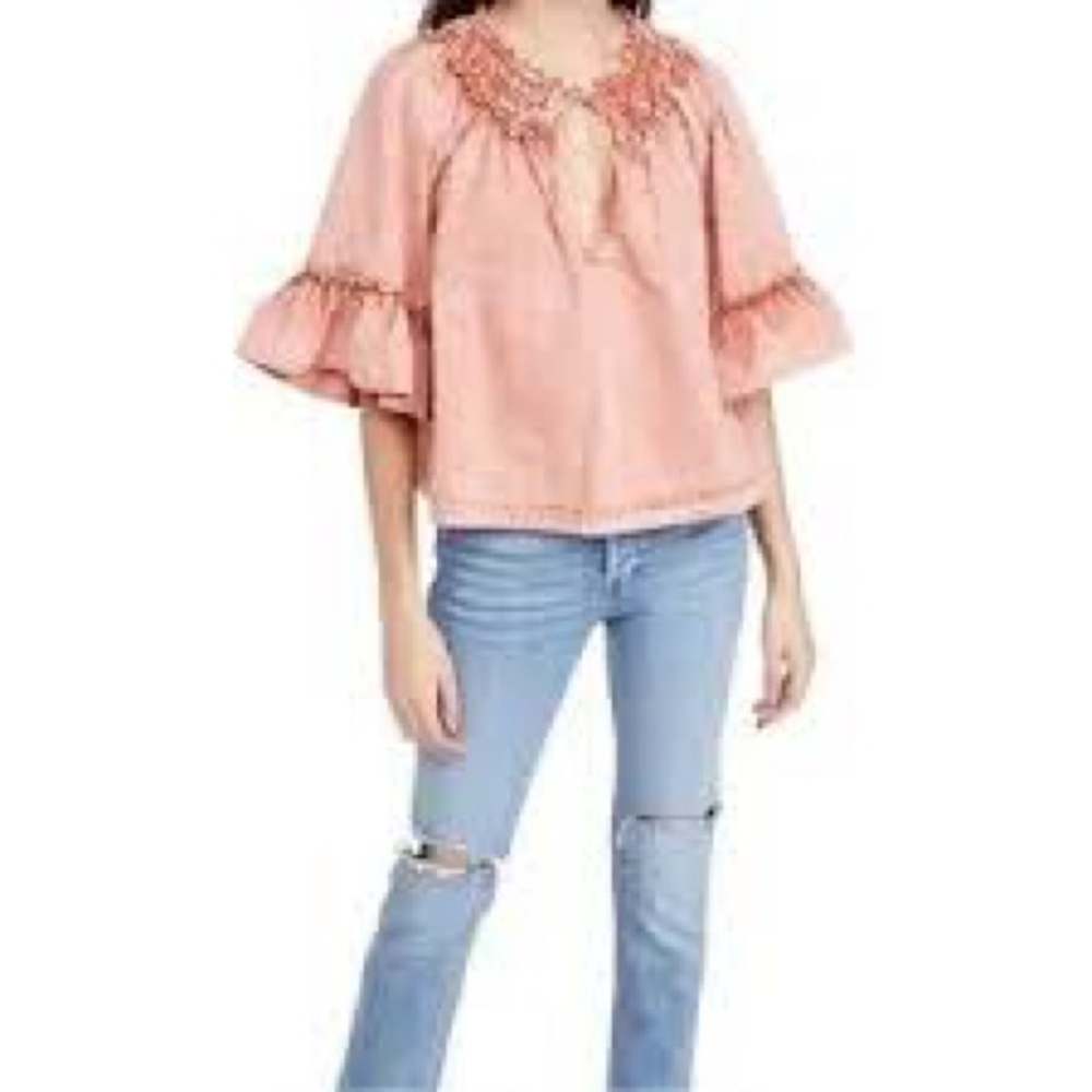 NWT Free People Ainsley Denim Top Smocked Bell Sleeve Blouse - Picture 3 of 12